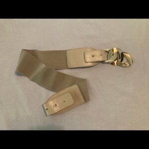 Wide Elastic Waist Belt with Gold Chain Link Buckle - Beige